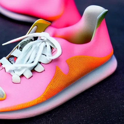 Prompt: A pair of sneakers With an aerodynamic, digital Art, design inspired by In the dragon fruit