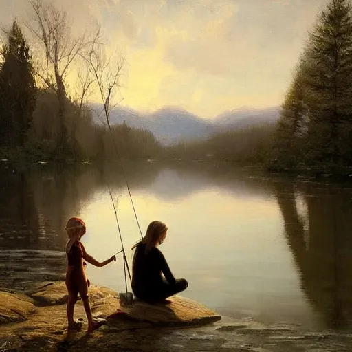 Prompt: marlenia and a long white european girl with a blonde hairband fishing on a lake in the early hours of the morning, the dark surface of the lake reflects the ribbon of the milky way, video game character art, fantasy art, by jeremy lipking, masterpiece