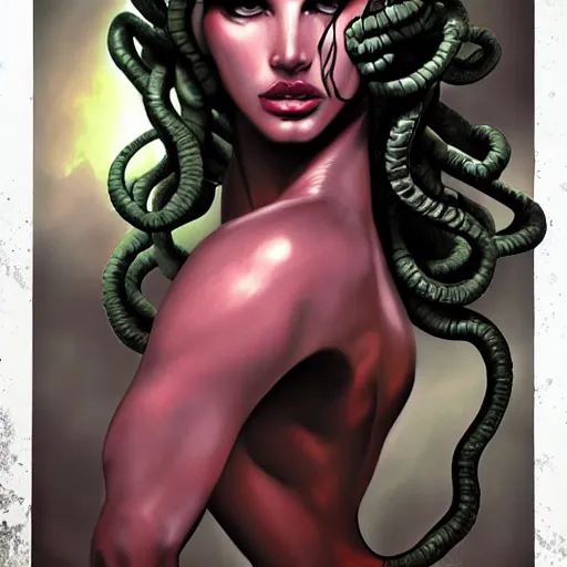 Image similar to medusa painting, comic style, seductive, dynamic lighting, artstation, detailed, blurred background