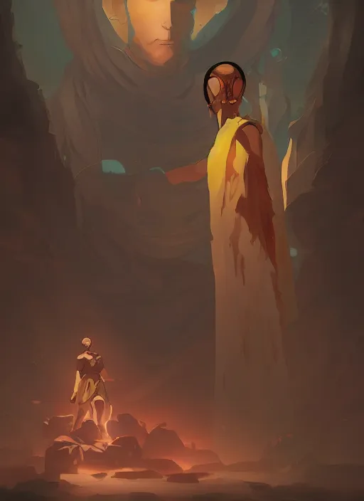 Prompt: A monk guiding a lost soul through a vast dark world with Broken Stone Statues of Deities, in the Style of Artgerm and Charlie Bowater and Atey Ghailan and Mike Mignola, vibrant colors and hard shadows and strong rim light, Comic Cover Art, plain background, trending on artstation