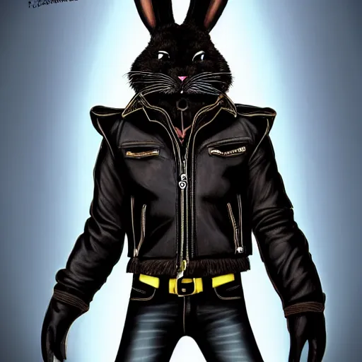 Prompt: An anthro furry anthropomorphic bunny wearing a fine intricate leather jacket and leather jeans and leather gloves, the bunny has a determined look in his eyes, cartoon eyes, trending on FurAffinity, energetic, dynamic, digital art, highly detailed, FurAffinity, high quality, anthro, anthropomorphic, furry, digital fantasy art, FurAffinity, favorite, character art