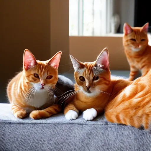 Image similar to three orange tabby cats and two grey tabby cats relaxing in the sunshine in a living room