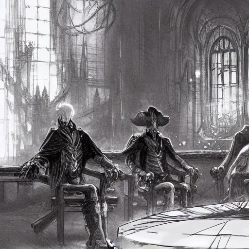 Prompt: a group of hunter from bloodborne sitting next to each other in a room, concept art by yoshiyuki tomino, behance contest winner, retrofuturism, toonami, redshift, official art