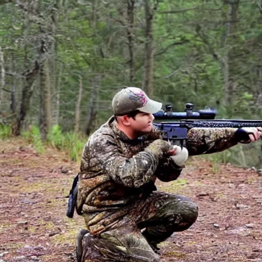 Prompt: Photograph of a deer pointing a rifle at a hunter