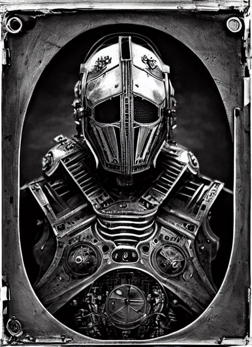 Image similar to old wetplate daguerreotype frame portrait of a futuristic silver armored evil dangerous horror knight district 9 cyborg, fractal, intricate, elegant, highly detailed, subsurface scattering, by jheronimus bosch and greg rutkowski and louis jacques mande daguerre