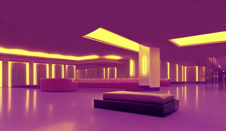 Image similar to a beautiful, sharp focus, clean lines. the interior of a vast 1 9 7 0 s luxury disco hotel lobby. vaporwave ombre rendering. outrun style. trending on artstation. recommended for you behance. wes anderson colors. by chris moore. by edward hopper. ambient occlusion. digital matte painting. metropolis filmic. gotham city.