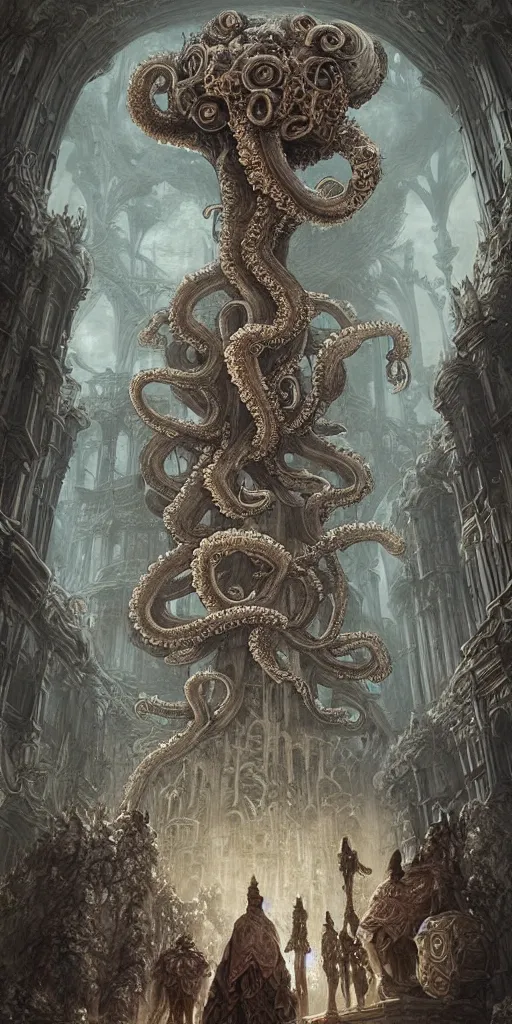 Image similar to group of mankind species mages with enormous octopus heads and jellyfish floating around inside an ancient mage castle hall colossal scale, gothic and baroque, brutalist architecture, ultradetailed, intricate details by Ellen Jewett and Ayami Kojima