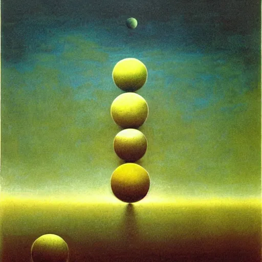 Image similar to multiple spheres floating above the horizon, spread out horizontally, separated symmetrically, zdzislaw beksinski