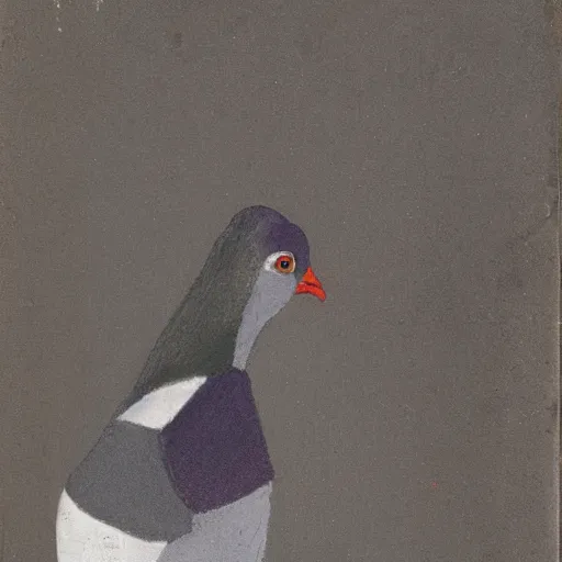 Prompt: a pigeon in a suit standing in profile, author portrait