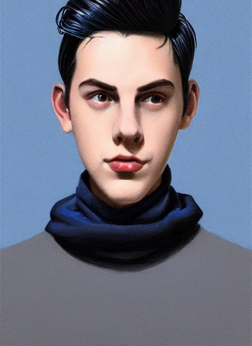 Image similar to portrait of teenage jughead jones wearing a light grey crown, crown, blue turtleneck, 1 9 5 0 s, closed eyes, photorealistic, black hair, glowing lighting, intricate, elegant, glowing lights, highly detailed, digital painting, artstation, concept art, smooth, sharp focus, illustration, art by wlop, mars ravelo and greg rutkowski