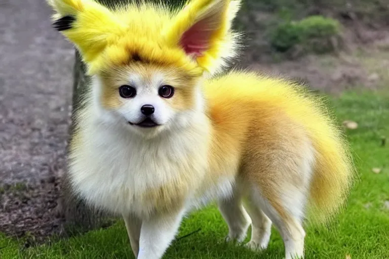 Image similar to real life jolteon pokemon, cute!!!, heroic!!!, adorable!!!, playful!!!, fluffly!!!, happy!!!, cheeky!!!, mischievous!!!, ultra realistic!!!, autumn, clear weather, ( golden hour ), sharp focus