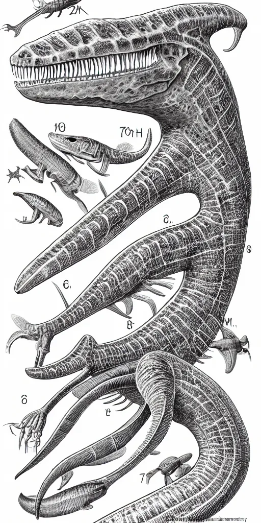 Image similar to lepidosauromorpha schematic, ultra detailed, 4 k, intricate, encyclopedia illustration, fine color inking lines