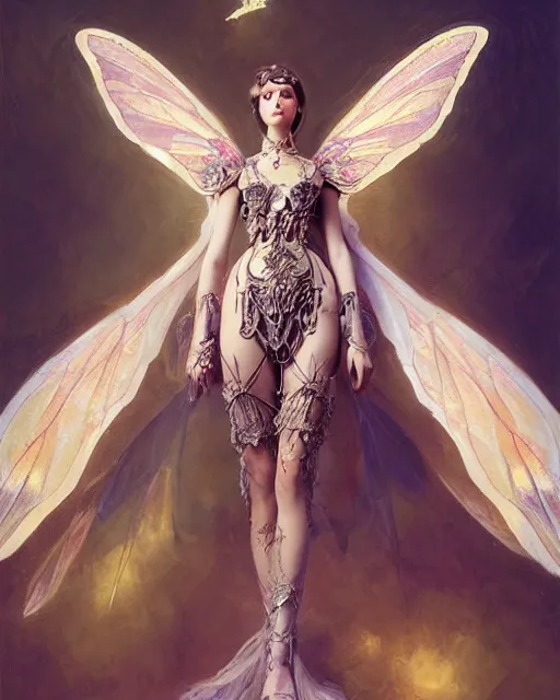 Prompt: Moth Fairy Maiden with large moth like wings wearing ornate dress by Ruan Jia and Andrei Riabovitchev, featured on Artstation, Hyperdetailed, stylized, realistic oil on linen, masterpiece, fantasy, dark academia