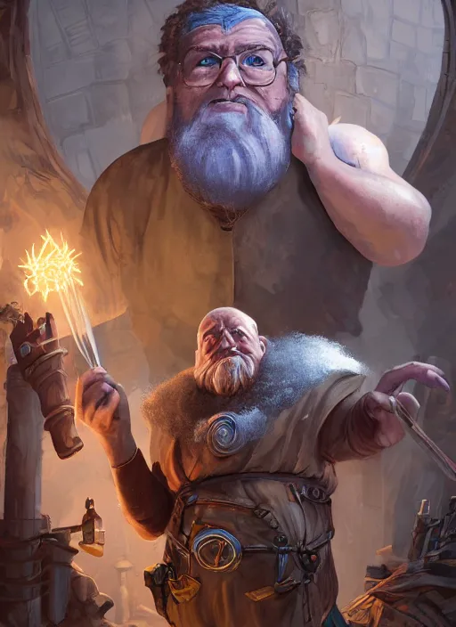 Image similar to An epic fantasy comic book style portrait painting of a an old tinker fat man working on a device in his workshop in the style of the wheel of time, unreal 5, DAZ, hyperrealistic, octane render, cosplay, RPG portrait, dynamic lighting