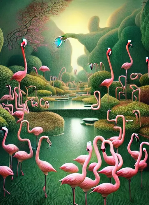 Image similar to hyper detailed 3d render like a Oil painting - the secret garden with flamingos by Jacek Yerka, Mariusz Lewandowski, Houdini algorithmic generative render, Abstract brush strokes, Masterpiece, Edward Hopper and James Gilleard, Zdzislaw Beksinski, Mark Ryden, Wolfgang Lettl, hints of Yayoi Kasuma, octane render, 8k