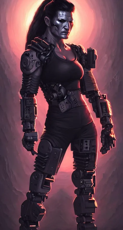 Prompt: gina carano as an ork with robotic left arm, casual black clothing, muscular, realistic proportions, casual pose, large portrait, cyberpunk, shadowrun, rpg character, digital painting, artstation, concept art, smooth, 8 k frostbite 3 engine, ultra detailed, art by artgerm and greg rutkowski and magali villeneuve