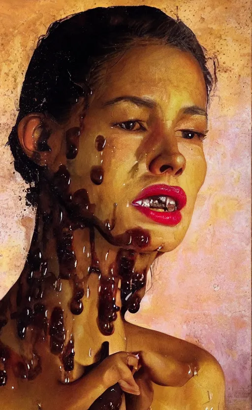 Image similar to portrait of an ancient girl, honey dripping on top of her, oil coming out of her mouth, gipper realistic, high tech!