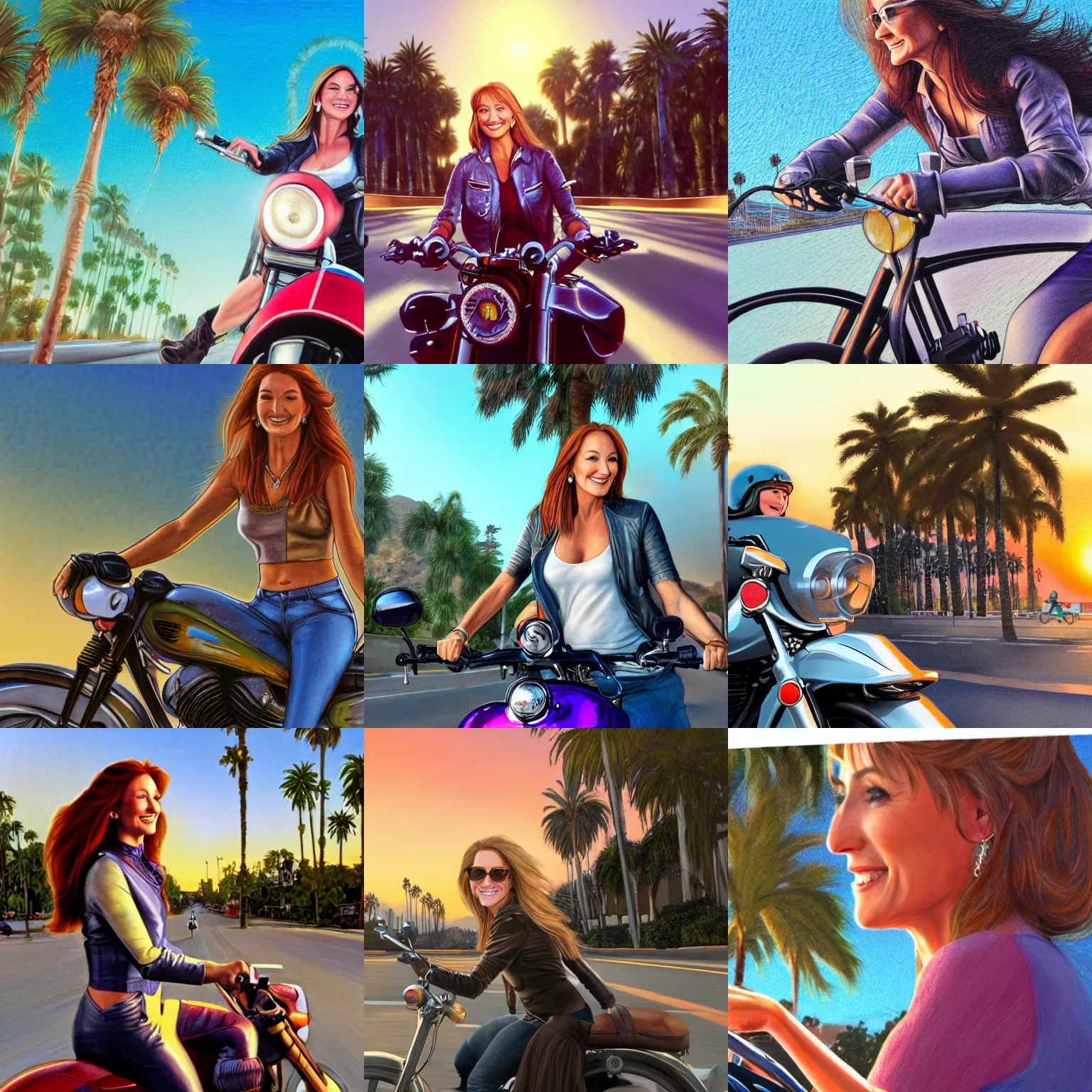 Prompt: a closeup photorealistic colored pencil sketch of a happy Jane Seymour riding a motorcycle through Hollywood during sundown. Palm trees in the background. This 4K HD image is Trending on Artstation, featured on Behance, well-rendered, extra crisp, features intricate detail and the style of Unreal Engine.