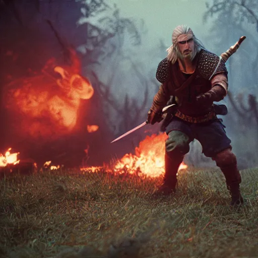 Prompt: Geralt in battle, cinestill 800t 50mm, photography