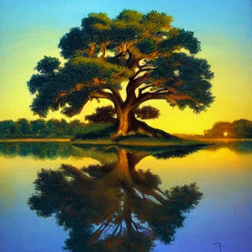 Prompt: beautiful paiting of an oak tree growing in the middle of a lake at dusk, by bob ross