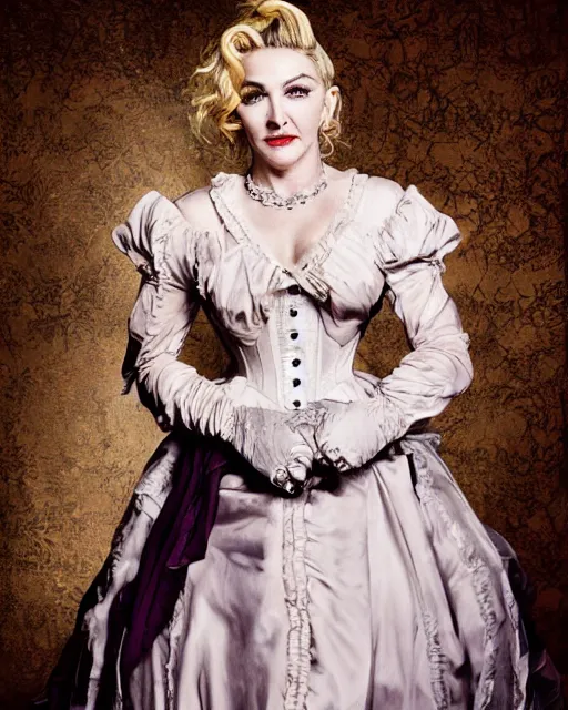 Image similar to Pop star Madonna as a Hippo wearing a Victorian era dress designed by Sandy Powell, Rick Baker makeup and prosthetics, studio lighting, photographed in the style of Annie Leibovitz