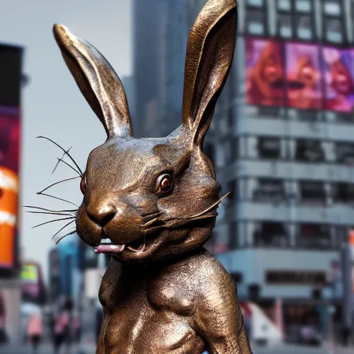 Image similar to a realistic bronze sculpture of a very scary bunny with sharp teeth made by michelangelo, standing in times square, 3 d render, hyper detailed, sharp focus, 8 k resolution