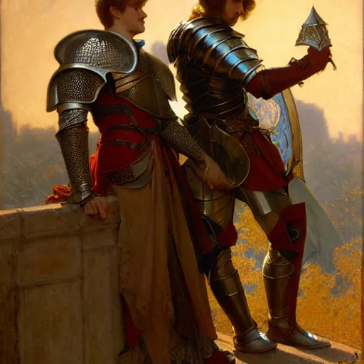 Image similar to attractive arthur pendragon and his attractive male knight, they are in love, natural lighting, path traced, highly detailed, high quality, digital painting, by gaston bussiere, craig mullins, alphonse mucha j. c. leyendecker