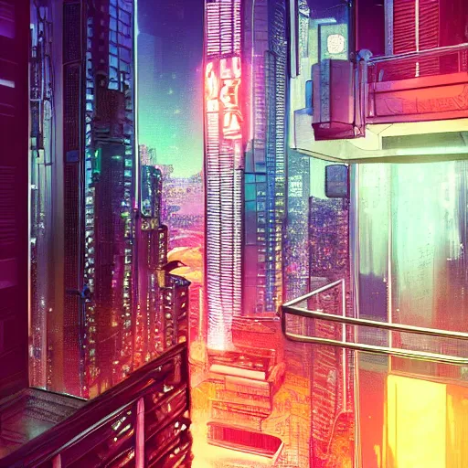 Prompt: looking outside from a penthouse suite at the top of the highest skyscraper in the middle of a cyberpunk city at night, neon lights, very detailed, flying cars, blade runner 2 0 4 9, trending on artstation