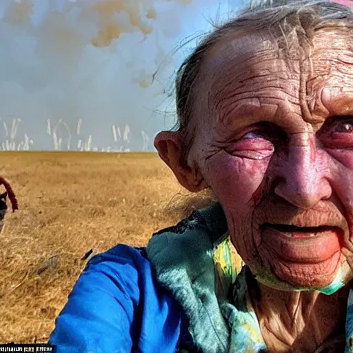 Image similar to selfie of the last surviving ukrainian with children with evil faces, wild pain and damage to the body burns alive to the bone, painted in dirty yellow - blue colors, a huge nuclear explosion is approaching in the background, corpses and skeletons are everywhere, the earth is on fire, smoke and radioactive rain