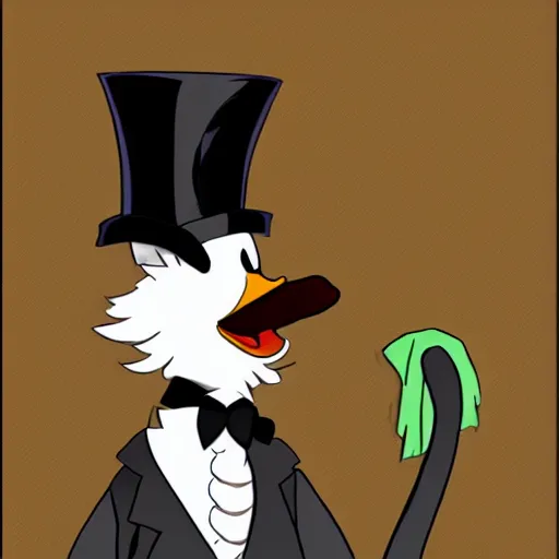 Image similar to a cartoon duck with a top hat and cane, a character portrait by Don Bluth, deviantart, furry art, character, deviantart hd, official art