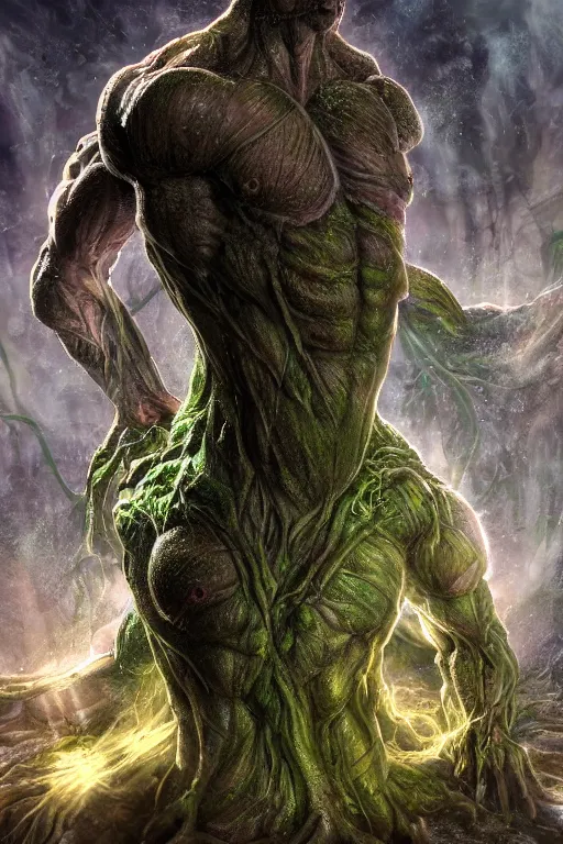 Prompt: high resolution photo of a muscular creature, tree roots, veins, lightning, big muscles, sweat, slime, troll, fishlike, gills, dragonlike, grown together, overgrown, electronic wires, god rays, dark, skin, plastic wrap,