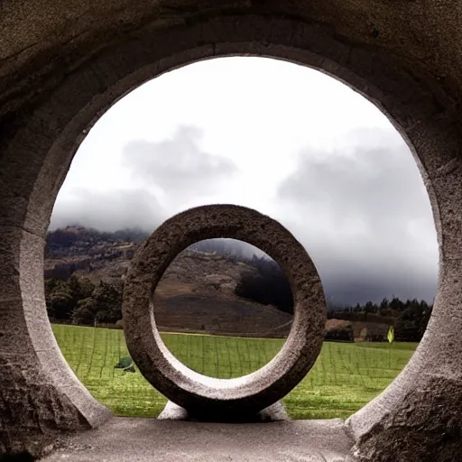 Image similar to stargate made of stone that form a circle, cinematic view, epic sky