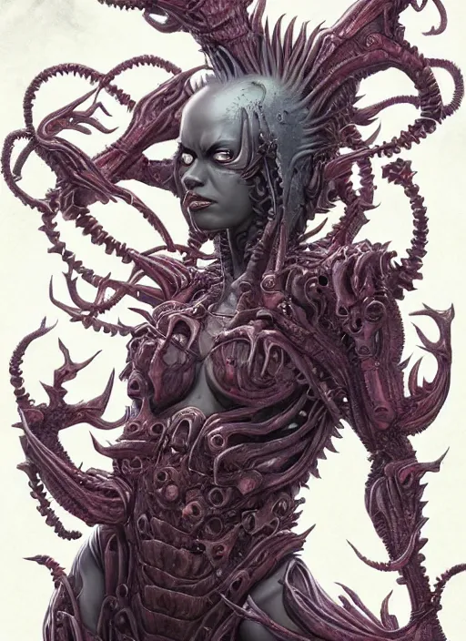 Prompt: a hyper detailed full body portrait of the queen of blades, in an alien background, diablo 4 lilith, by yusuke murata, by hiroya oku, by dorian cleavenger, by tom bagshaw, by zdzisław beksinski, trending on artstation