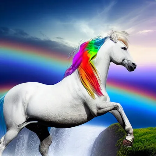 Prompt: white horse with long flowing rainbow mane standing on top of a hill with a waterfall detailed realistic professional photograph