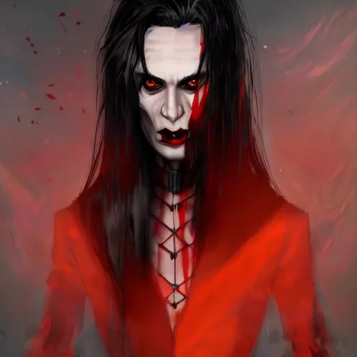 Image similar to a vampire, male, mid - 3 0 s aged, long black hair, clean shaven, in red and black, high fantasy, realistic, highly detailed, concept art, 8 k.