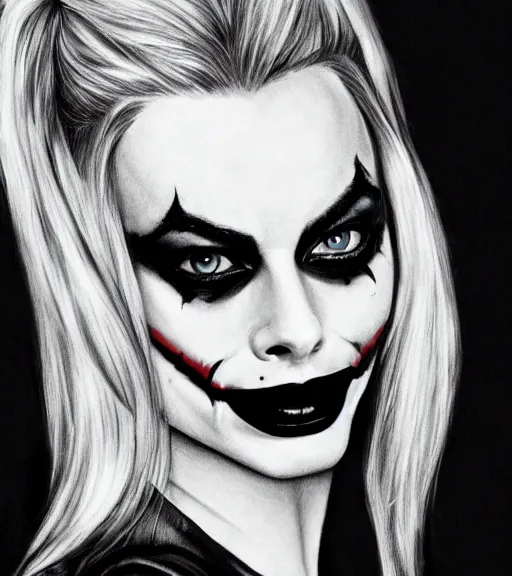 Prompt: a realism drawing of beautiful margot robbie as harley quinn portrait with joker makeup, in the style of den yakovlev, realistic face, black and white, realism, hyper realistic, highly detailed