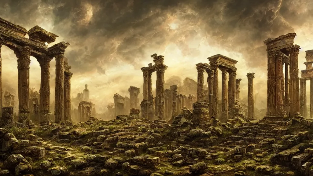 Prompt: elaborated ornate painted illustration of the non-ecludian cyclopean ruins of the dead city of the elder gods, matte painting, dramatic lighting, highly detailed oil painting, 8k resolution, sorrowful nostalgic awe-inspiring atmosphere, masterpiece