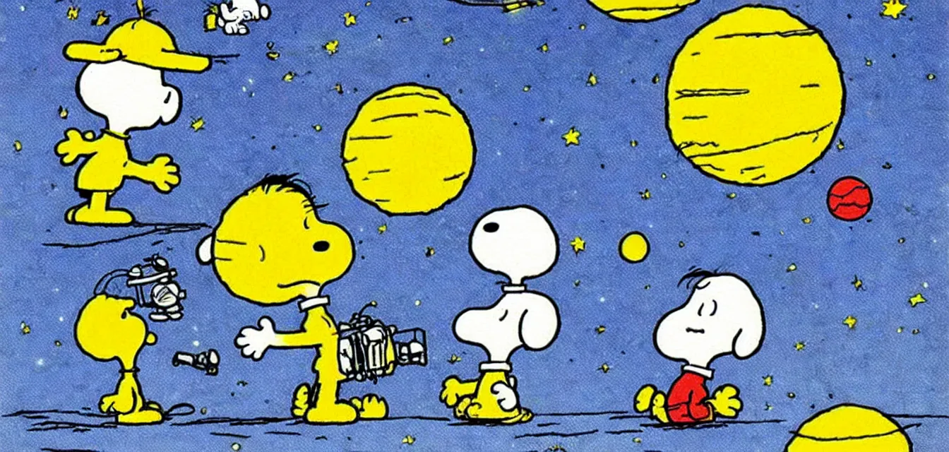 Image similar to calvin and snoopy in space exploring an alien planet, drawn by bill watterson and charles schulz, very detailed and cute and dreamy and playful