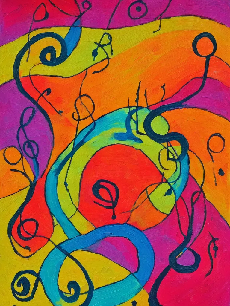 Image similar to an abstract painting of an acorn that turns into a tree in the shape of a treble clef, colorful and expressive