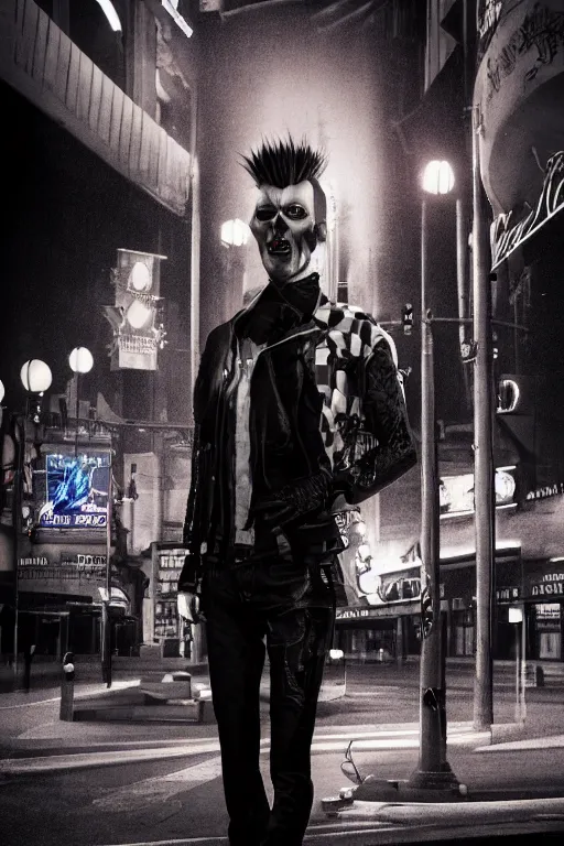 Image similar to full body portrait of a punk vampire in the shadows of the Las Vegas strip at night, cinematic, hyper realism, high detail, octane render, 8k, CGsociety, concept art