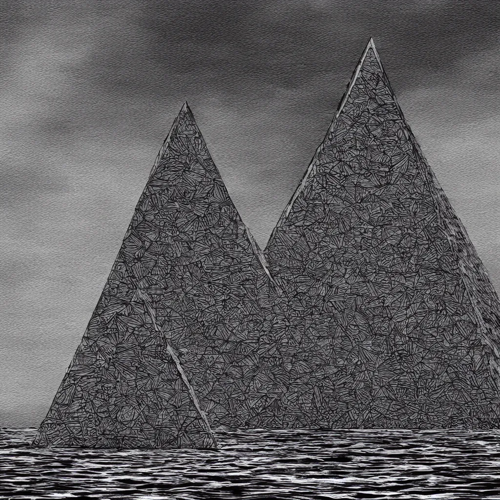 Prompt: A very beautiful painting of a (((dark Pyramid))) at Sea In style of Junji Ito and Trevor Henderson.highly realistic,hyper detailed,4k,digital art,sci-fi