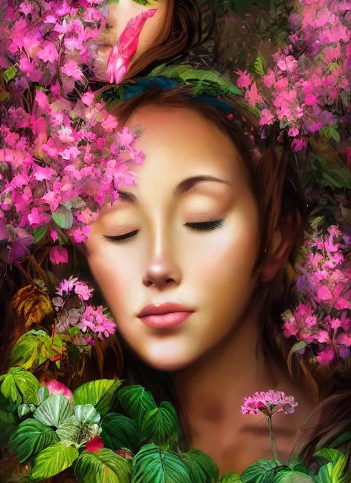 Prompt: a beautiful portrait of a beautiful woman with eyes closed in the jungle surrounded by pink flowers, face paintings, matte painting, fantasy art