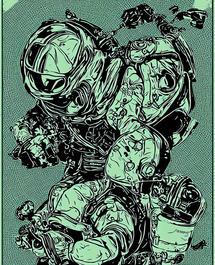 Image similar to turtle ninja astronaut!! on the path to his techno drone spaceship!! art nouveau vector graphic poster!, grunge retro,