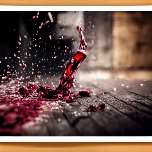 Prompt: wine bottle hitting the floor, bottom part explode into pieces letting the wine escape but bottle upper part remain clean, clear view on the label, cinematographic realistic look