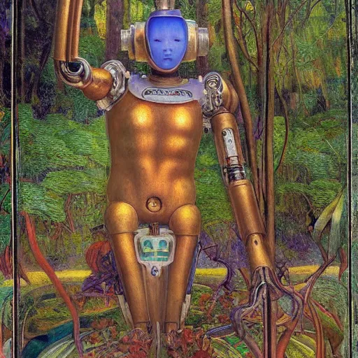 Image similar to robot seizes his forest crown, by Annie Swynnerton and Diego Rivera and Elihu Vedder, symbolist, dramatic lighting, elaborate geometric ornament, Art Brut, soft cool colors,smooth, sharp focus, extremely detailed, Adolf Wölfli and Donato Giancola