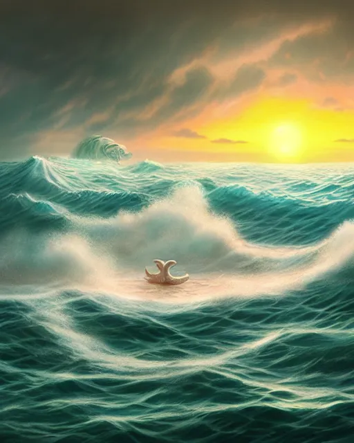Image similar to highly open sea with big waves, sunset, hyper realistic, artstation, illustration, nicoletta ceccoli, mark ryden, lostfish, dan decarlo, bob clampett, max fleischer, digital paint, matte paint, vivid colors, detailed and intricate environment