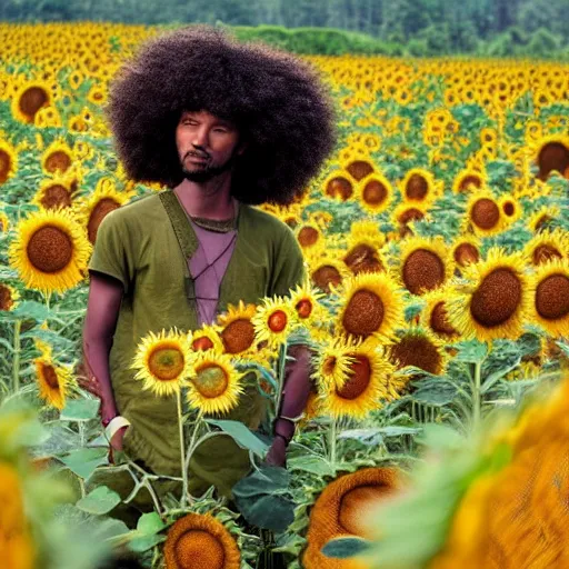 Image similar to east african man with curly hair in a studio ghibli film, animation, field of sunflowers, dreamy, roaming, curious, colorful, intricate details