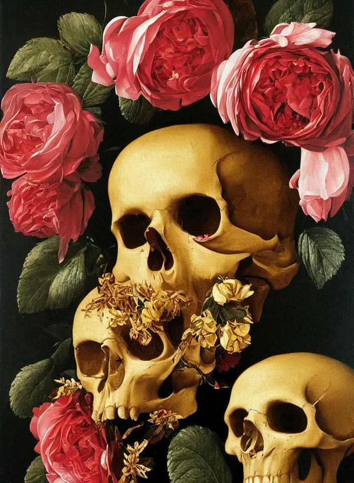 Image similar to portrait of a golden skull with a wreath of roses and a dress of rose petals, oil painting in a renaissance style , very detailed, painted by Caravaggio.