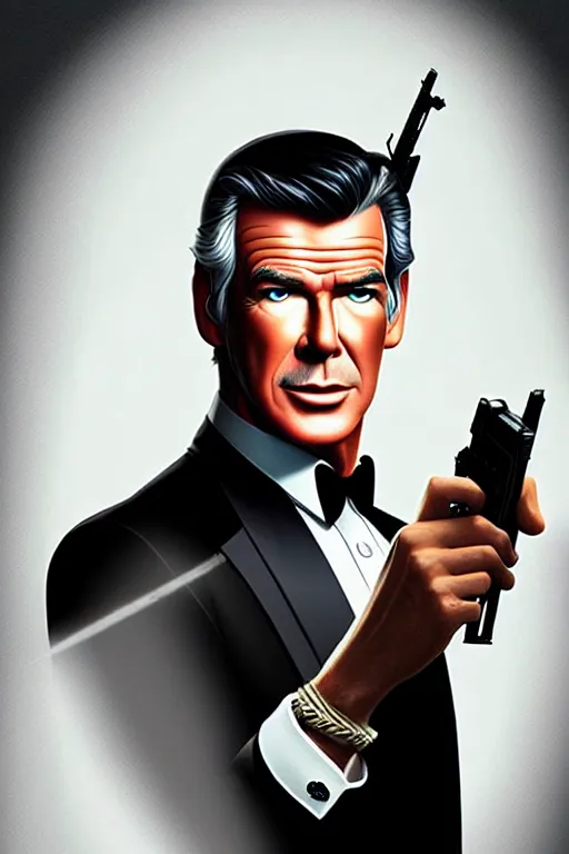 Prompt: Pierce Brosnan as James Bond, digital art by Artgerm and beeple and WLOP