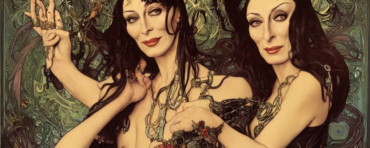 Image similar to stunning exotic art nouveau portrait of anjelica huston as an industrial dieselpunk queen of the night by glenn fabry, simon bisley and alphonse mucha, photorealism, extremely hyperdetailed, perfect symmetrical facial features, perfect anatomy, ornate declotage, spikes, latex, confident expression, wry smile, sinister eyes